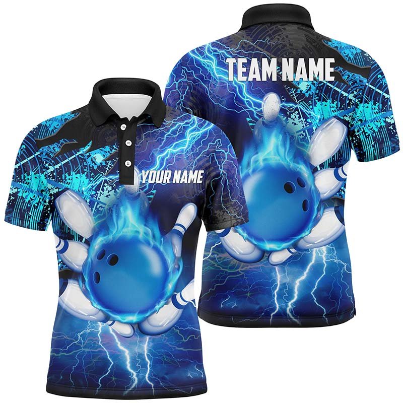 Herren Bowling Polo Shirt individuell gestaltetes Flammen-Blitz-Donner-Team-Bowlingtrikot für Damen | Blau Q6507 - Climcat