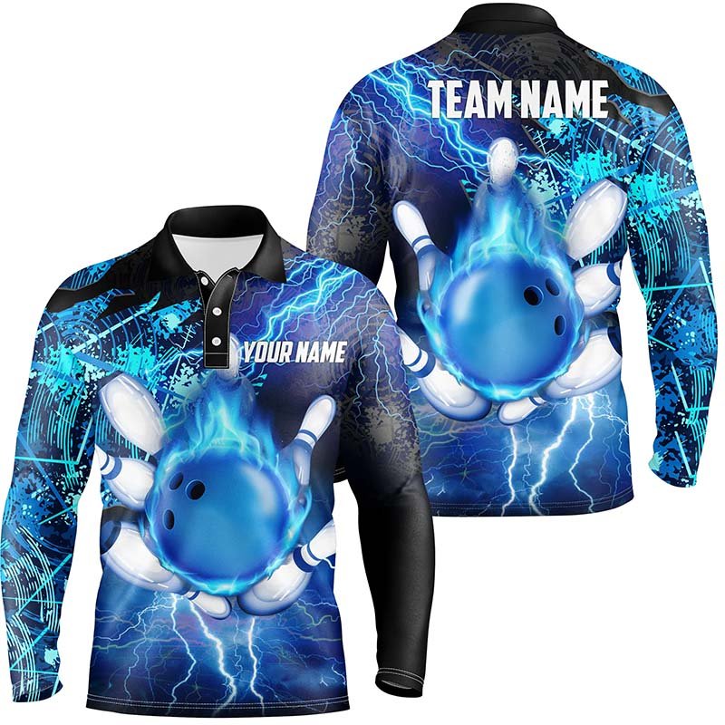 Herren Bowling Polo Shirt individuell gestaltetes Flammen-Blitz-Donner-Team-Bowlingtrikot für Damen | Blau Q6507 - Climcat
