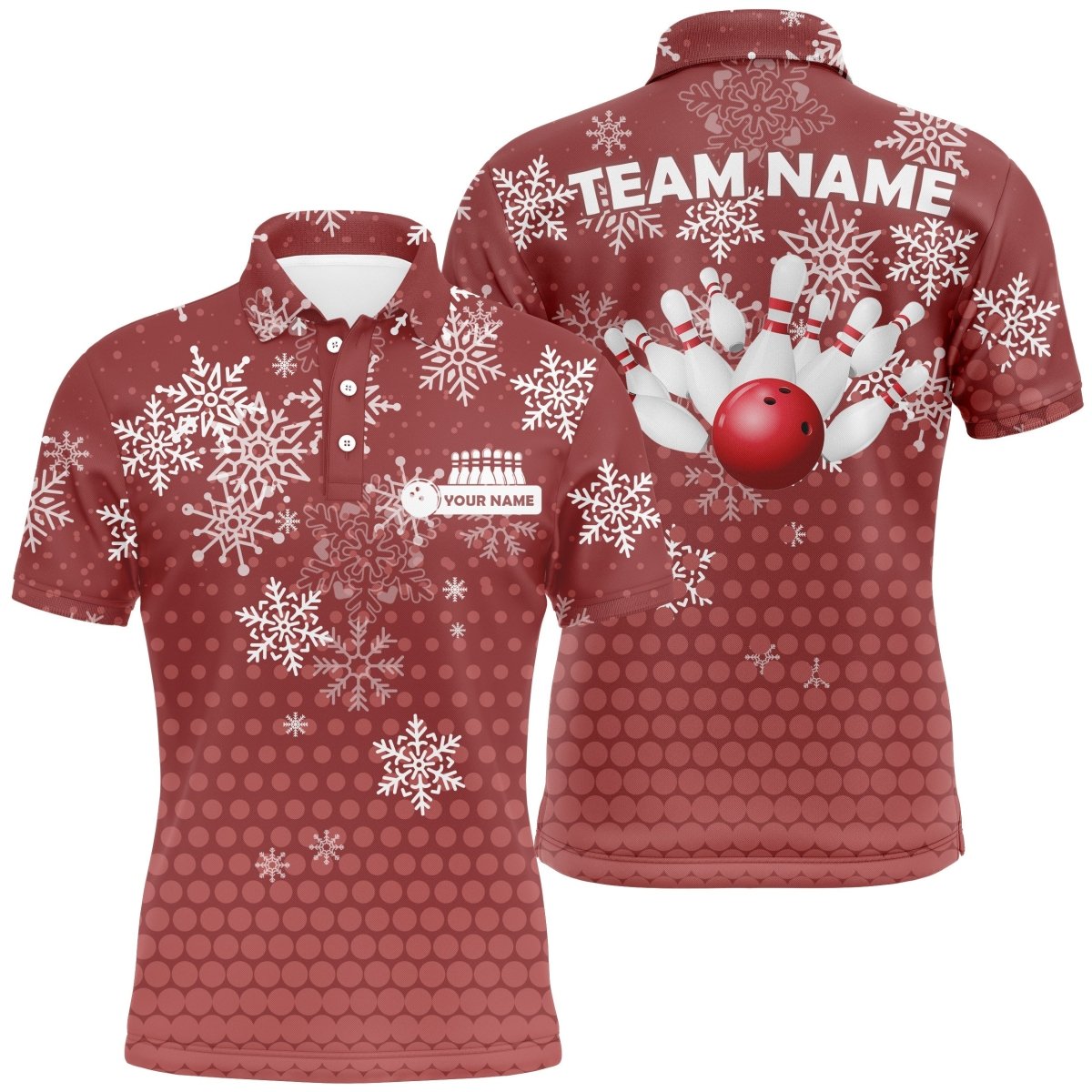 Herren Bowling Polo Shirt individuell gestaltetes Weihnachts-Schneeflocken-Bowlingkugel-Pins-Team Damen Jersey | Rot Q6616 - Climcat