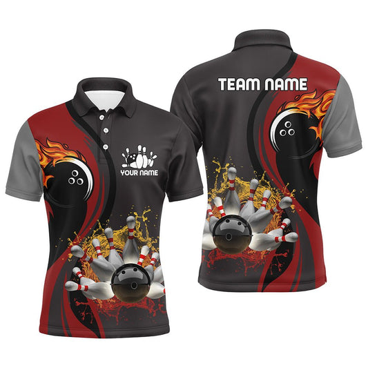 Herren Bowling Polo Shirt - Individuelles Flammen Bowlingkugel-Pins Bowler Trikot für Herren | Rot Q6448 - Climcat