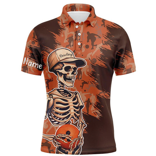 Herren Bowling-Polo-Shirt mit kurzen Ärmeln, individuell gestaltet, mit Namen, in Orange Camouflage, Skull-Motiv, Q5796 - Climcat