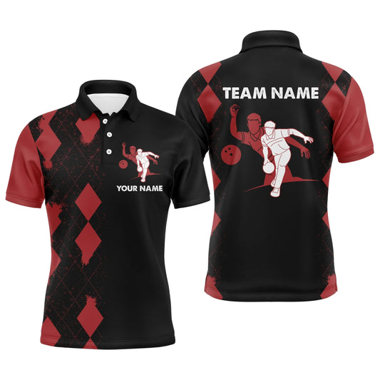 Herren Bowling Polo Shirt mit personalisiertem Namen, rot-schwarzes Bowler Team Trikot für Bowlingliebhaber B22 - Climcat