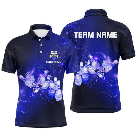 Herren Bowling Polo Shirts individuell gestalten - Blaue Blitze und Donner für Bowling-Team - Herren Bowler Trikots Q6681 - Climcat