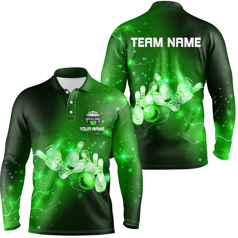 Herren Bowling Polo Shirts individuell gestalten - Grüne Blitze und Donner für Bowling-Team - Herren Bowler Trikots Q7046 - Climcat