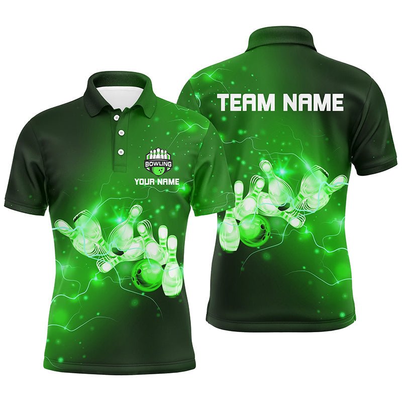 Herren Bowling Polo Shirts individuell gestalten - Grüne Blitze und Donner für Bowling-Team - Herren Bowler Trikots Q7046 - Climcat