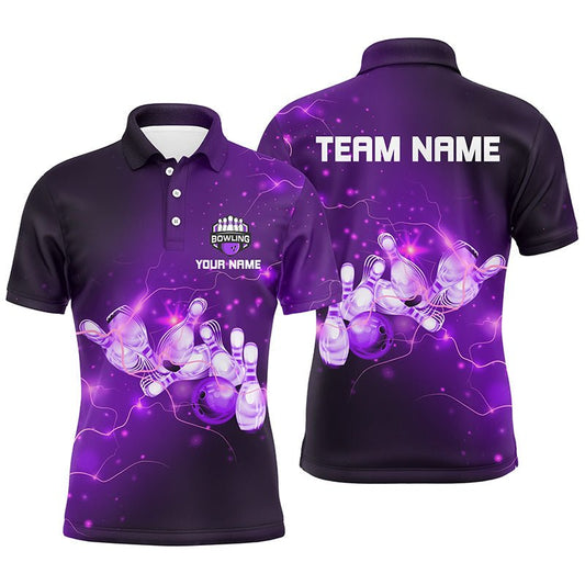 Herren Bowling Polo Shirts individuell gestalten - Lila Blitze, Donner, Bowlingteam - Herren Bowler Trikots Q7045 - Climcat