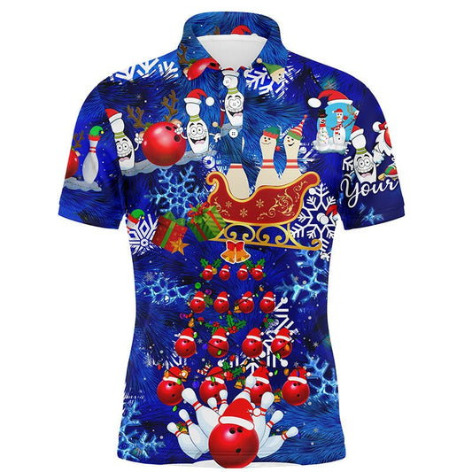 Herren Bowling Polo Shirts individuell gestaltet mit blauem Weihnachtsmuster Bowling Santa Ball Pins Team Herren Trikot Q6617 - Climcat