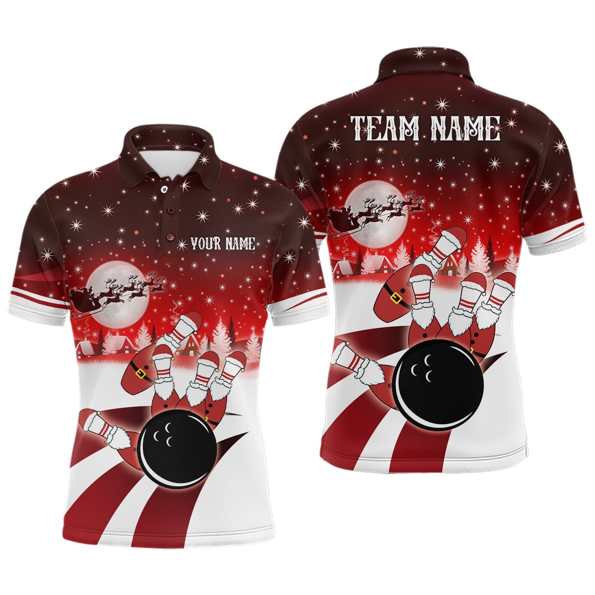 Herren Bowling Polo Shirts individuell gestaltetes Weihnachtsmann Bowlingkugel-Pins-Team Herren Trikot | Rot Q6666 - Climcat