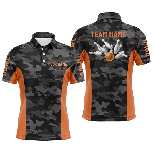 Herren Bowling Polo Shirts - Maßgeschneidertes graues Tarnmuster Bowling Team Trikot, Bowling Team Liga Shirt | Orange Q6149 - Climcat