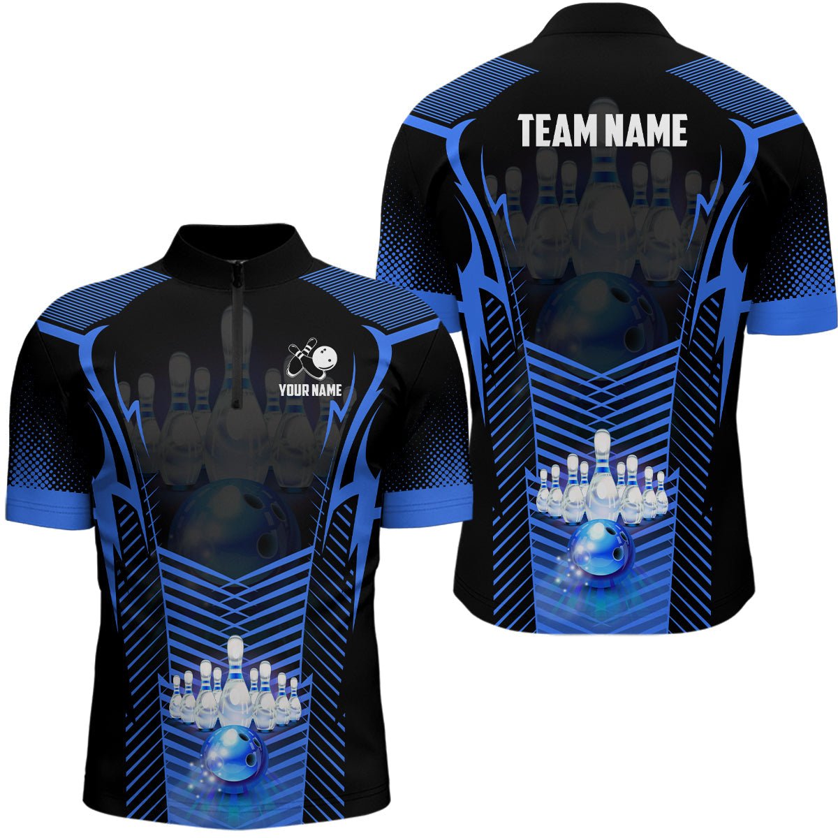 Herren Bowling Quarter Zip Shirt | Personalisiertes Bowling Trikot für Bowling-Teams | Geschenkidee für Bowler | Blau Q7071 - Climcat