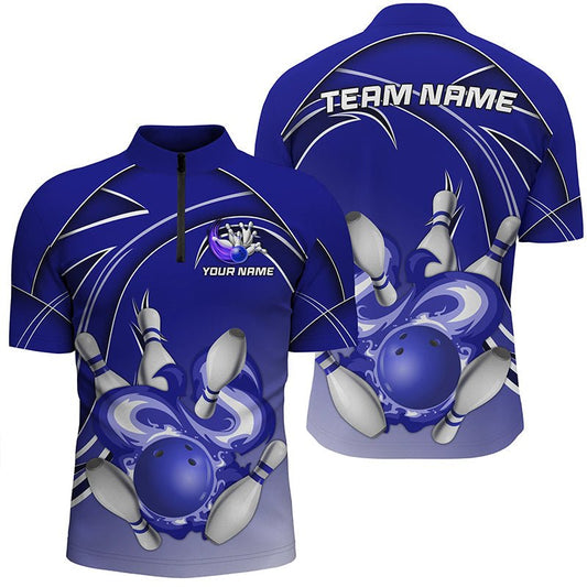 Herren Bowling Quarter Zip Shirt | Personalisiertes Bowling Trikot für Bowling-Teams | Geschenkidee für Bowler | Blau Q7073 - Climcat