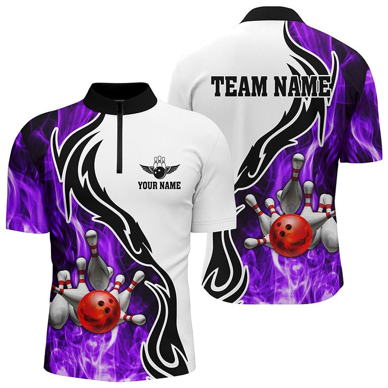 Herren Bowling-Quarter-Zip-Shirt | Personalisiertes Bowlingball-Pins-Strike-Team-Liga-Jersey | Bowl-Geschenke | Lila Q6344 - Climcat