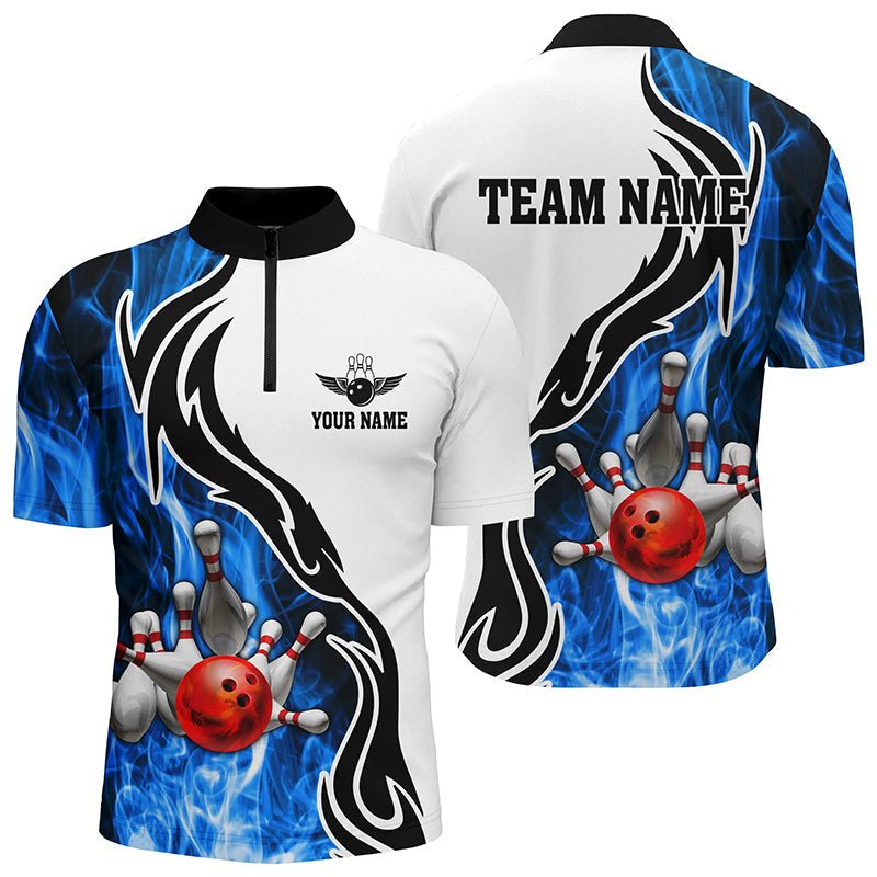 Herren Bowling-Quarter-Zip-Shirt | Personalisiertes Bowlingkugel-Pins-Streik-Team-Liga-Jersey | Bowl-Geschenke | Blau Q6404 - Climcat