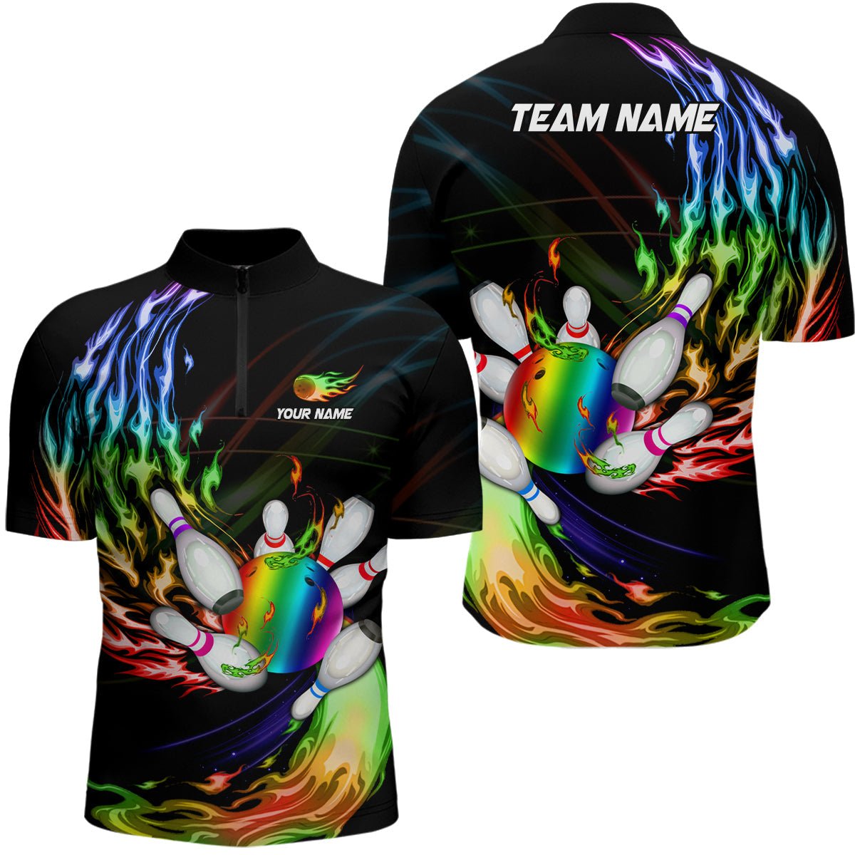 Herren Bowling Quarter Zip Shirt - Personalisiertes Regenbogenflammen Bowlingkugel und Pins Team Liga Bowler Trikot Q6807 - Climcat