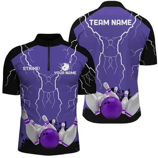 Herren Bowling-Quarter-Zip-Shirts | Individuelles Bowling Strike Lightning Storm Team Liga Trikot | Lila Q6645 - Climcat