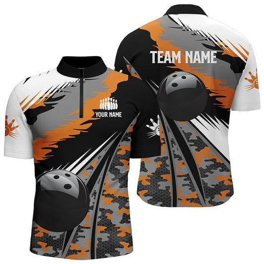 Herren Bowling Quarter Zip Shirts - Individuelles schwarzes Ball Orange Camo Bowling Team Trikot, Geschenk für Bowler Q5423 - Climcat