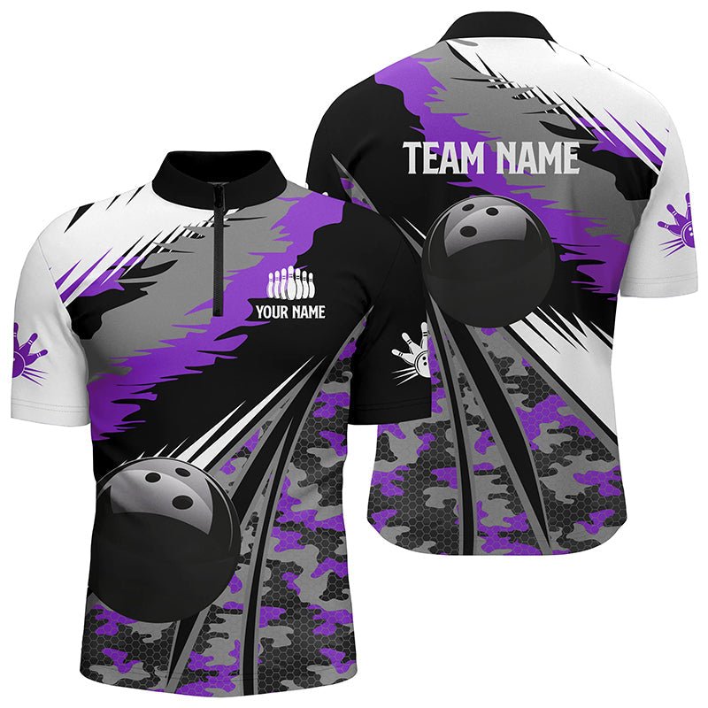 Herren Bowling Quarter Zip Shirts - Individuelles schwarzes Ball Purple Camo Bowling Team Trikot, Geschenk für Bowler Q6572 - Climcat