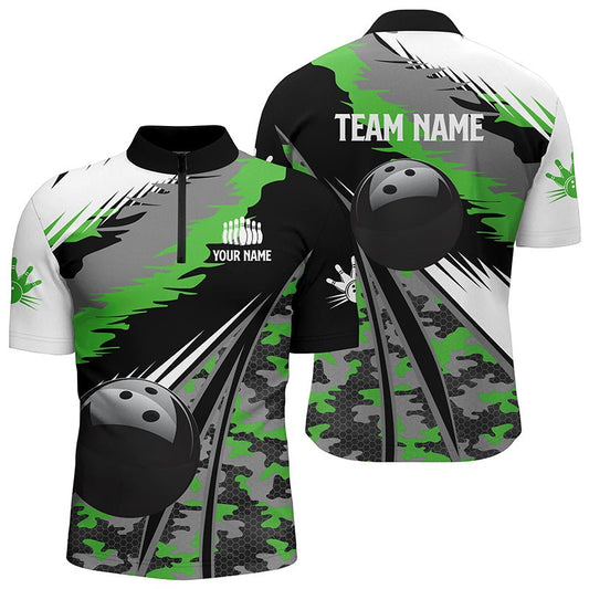 Herren Bowling Quarter Zip Shirts - Individuelles schwarzes Ballgrün Camo Bowling Team Trikot, Geschenk für Bowler Q5422 - Climcat