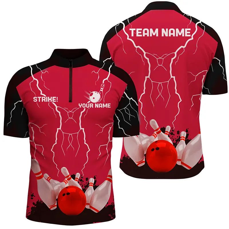 Herren Bowling-Quarter-Zip-Shirts | Personalisiertes Bowling Strike Lightning Storm Team Liga Trikot | Rot Q6646 - Climcat