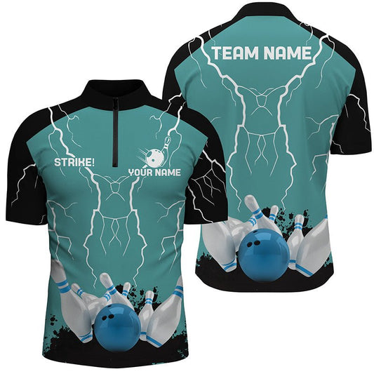 Herren Bowling-Quarter-Zip-Shirts | Personalisiertes Bowling Strike Lightning Storm Team Liga Trikot | Türkis Q6342 - Climcat