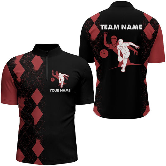 Herren Bowling Shirt mit individuellem Namen - Rot & Schwarz, Viertelreißverschluss, Bowler Team Shirt für Bowling Liebhaber N22 - Climcat