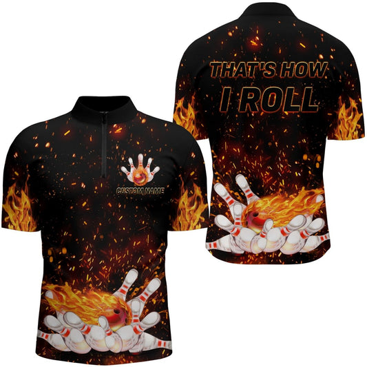 Herren Bowling Shirt mit Viertelreißverschluss, Flammenmuster, So rolle ich, personalisiertes Herren Bowling Trikot N92 - Climcat