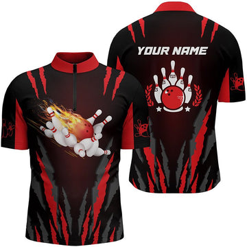 Herren Bowling-Shirt mit Viertelreißverschluss, individuell anpassbare Flammen Bowlingkugel und Pins, Bowling Trikots, Bowling Geschenke - Climcat