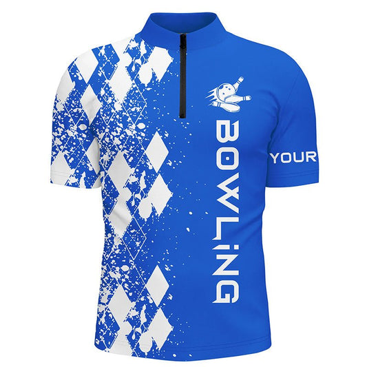 Herren Bowling Shirt mit Viertelreißverschluss | Individuell gestaltbare blaue Bowlinghemden für Männer | Personalisierte Bowlinggeschenke | Modell Q5099 - Climcat