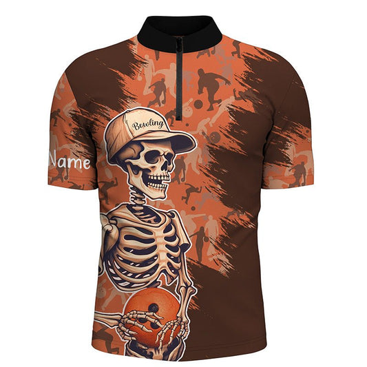 Herren Bowling Shirt mit Viertelreißverschluss, individuell gestaltet mit Namen, Skull orange Camouflage, für Männer, Q5796 - Climcat