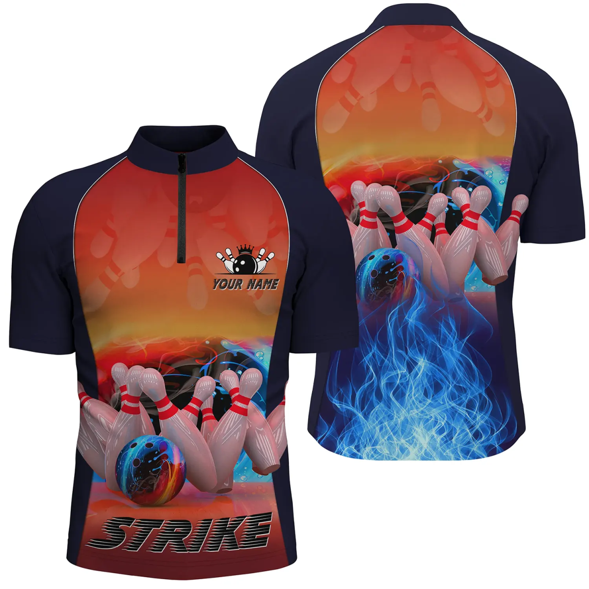 Herren Bowling Shirt mit Viertelreißverschluss, individueller Name, blau, Feuerdesign, Bowling Strike Ball und Pins, Bowling Trikots Q4813 - Climcat