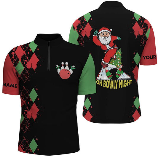 Herren Bowling Shirt mit Viertelreißverschluss, individueller Name, lustiges Santa Weihnachts-Bowling-Shirt, Oh Bowly Night Q4411 - Climcat