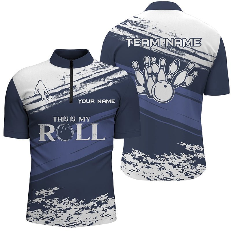 Herren Bowling Shirt mit Viertelreißverschluss, individueller Name, navy und weiß, Team Herren Bowlers Jersey - Mein Wurf Q5869 - Climcat