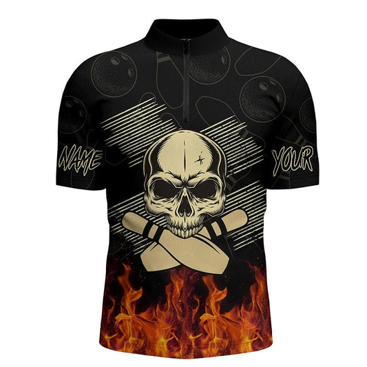 Herren Bowling Shirt mit Viertelreißverschluss, individueller Name, Totenkopf-Flammen-Design, personalisierte Bowling Trikots Q4400 - Climcat