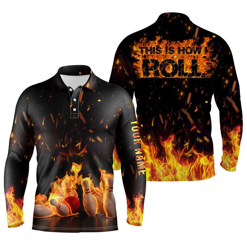 Herren Bowling-Shirt "This is how I roll" mit individuell gestalteter Bowlingkugel und Pins, maßgeschneiderte Bowling-Shirts für Männer - Climcat