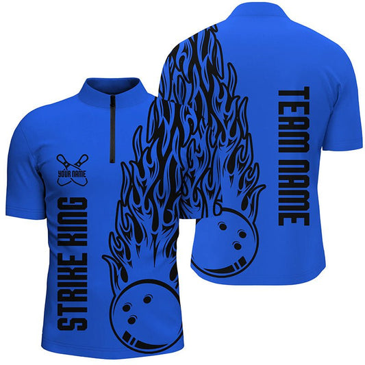 Herren Bowling Shirts mit individuellem Teamnamen Strike King Flaming Team Bowling Shirts | Blau P4974 - Climcat