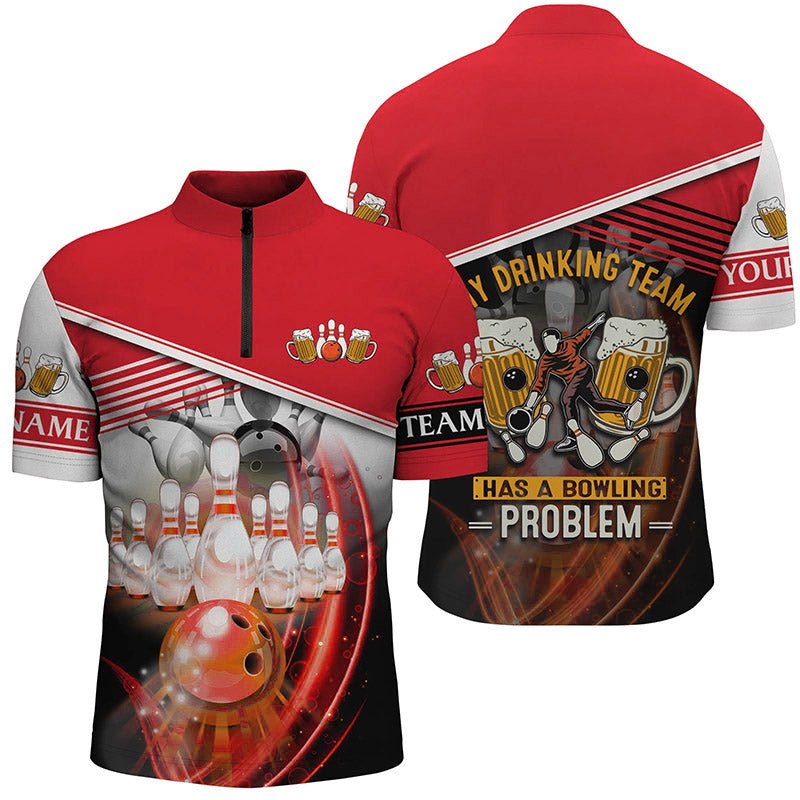 Herren Bowling Viertel-Zip-Shirt individuell gestaltet | Mein Trinkteam hat ein Bowling-Problem | Rot Q7016 - Climcat