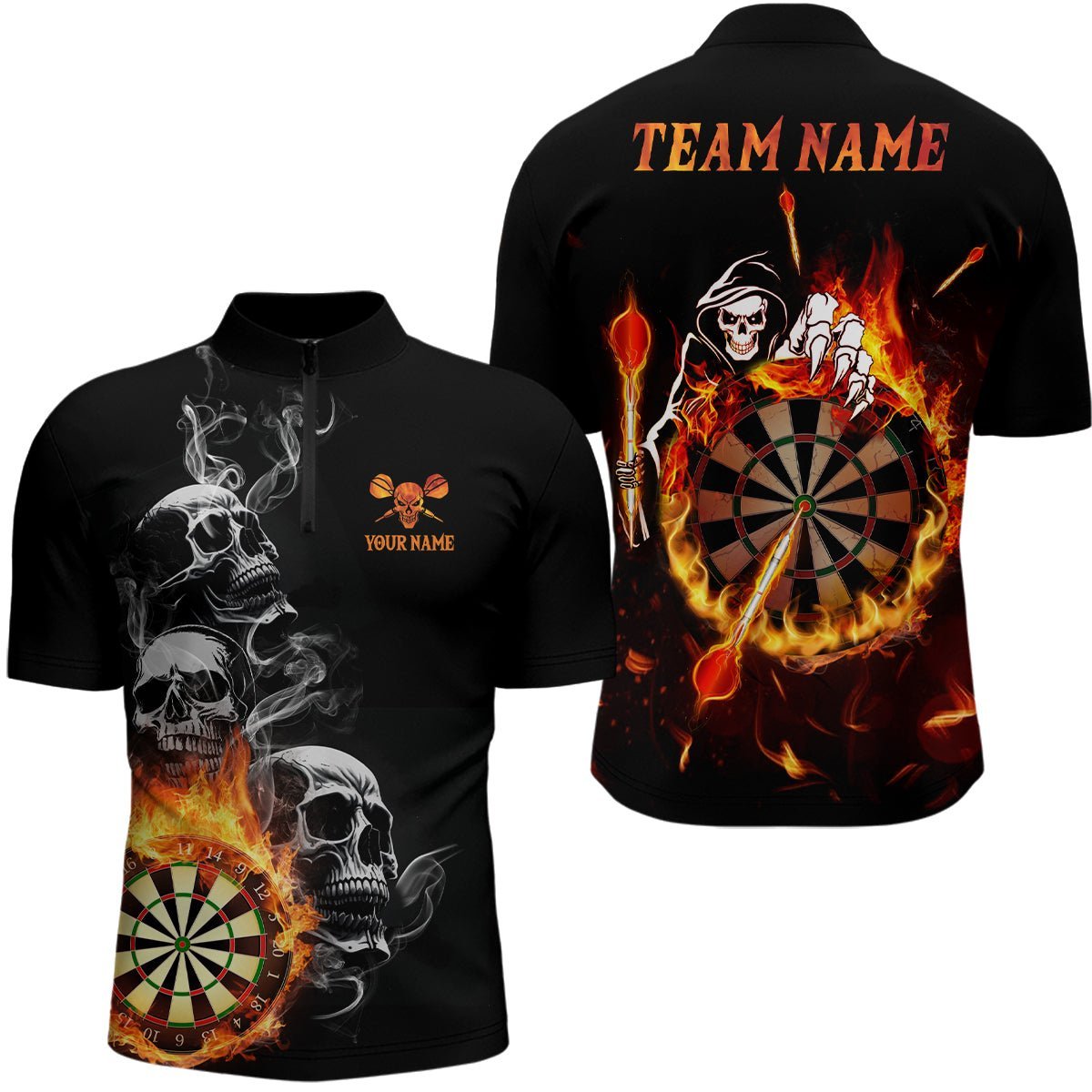 Herren Dart-Shirt mit Totenkopf-Flammenmotiv, individuell anpassbares Dart-Trikot mit Feuerdesign R847 zip - Climcat