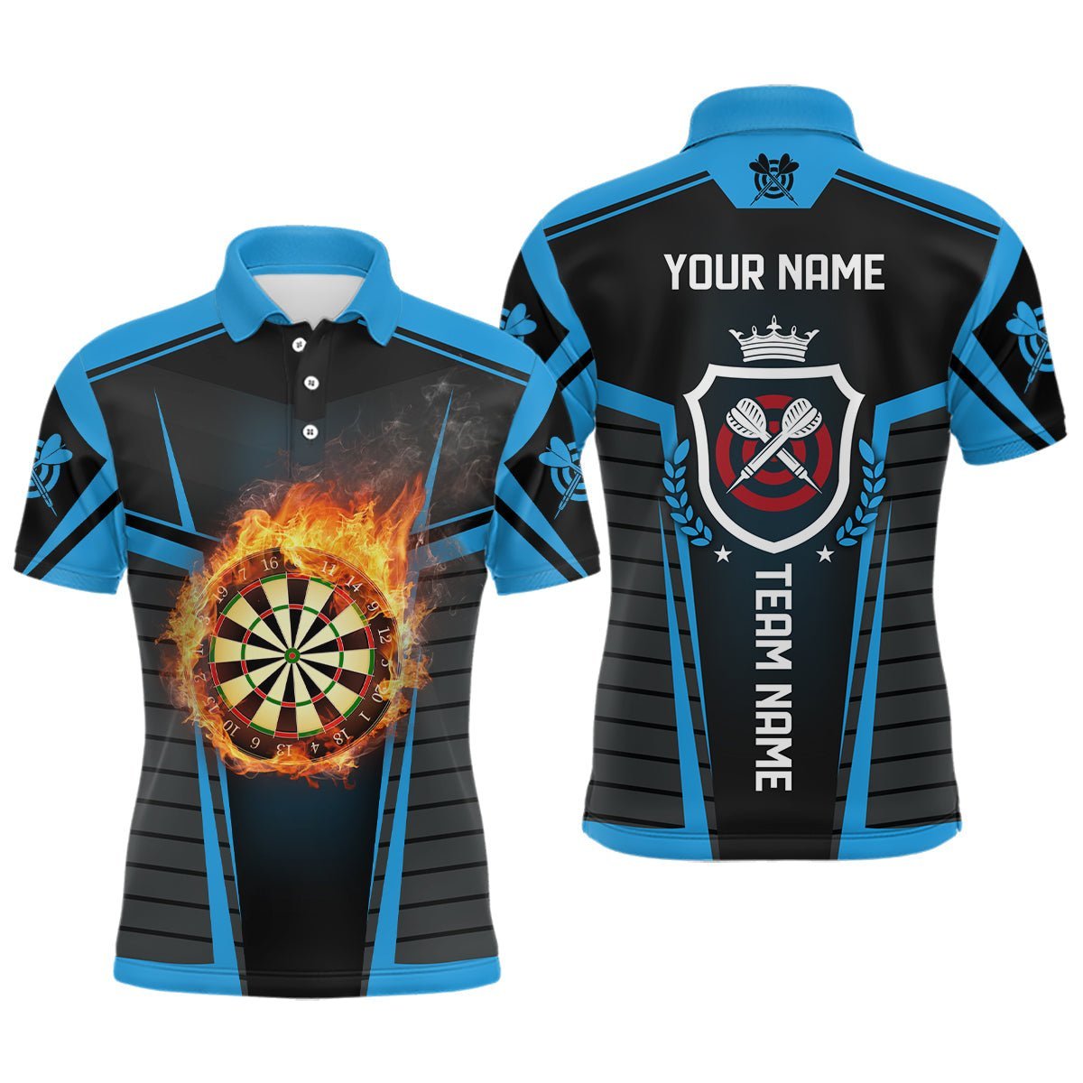 Herren Darts-Shirt mit Flammenmuster in Schwarz und Blau, individuell anpassbares cooles Darts-Shirt für Männer, Dart-Trikots K170 - Climcat
