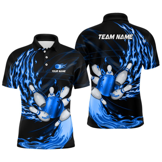 Herren Polo Bowling Shirt - Individuell gestaltet mit blauen Flammen - Bowlingkugel und Pins - Team Liga Bowler Trikots Q6977 - Climcat