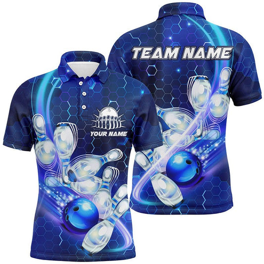 Herren Polo Bowling Shirt - Individuell gestaltet mit blauen Leuchtkugeln und Sechseck-Muster - Bowling Team Trikot Q6639 - Climcat