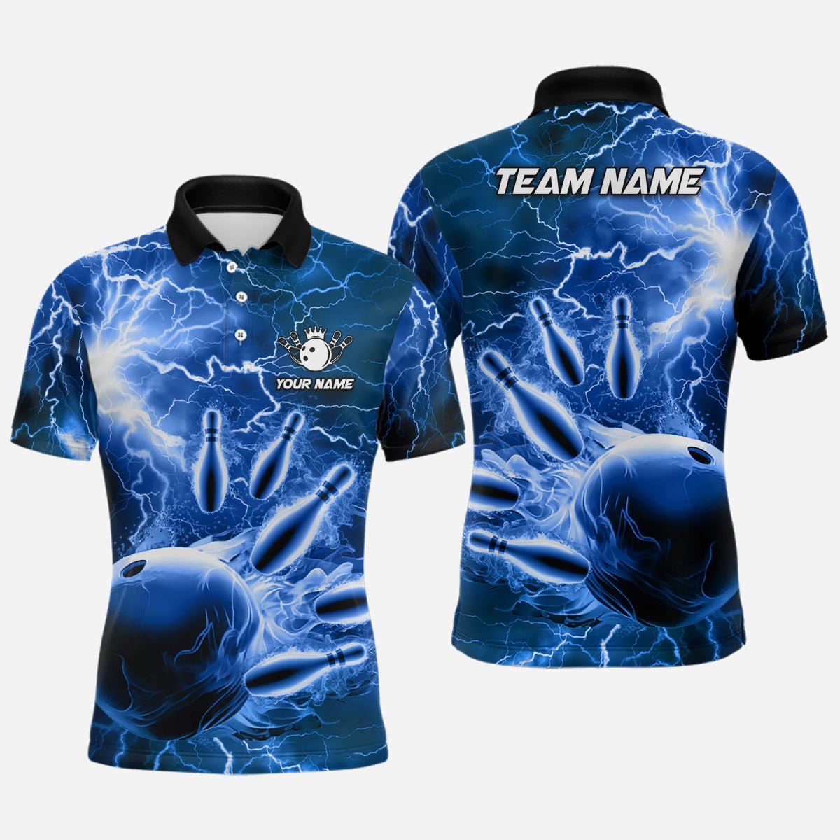 Herren Polo Bowling Shirt - Individuell gestaltetes Blau Blitz Bowling Team Trikot, Geschenk für Team Bowlers Q6582 - Climcat