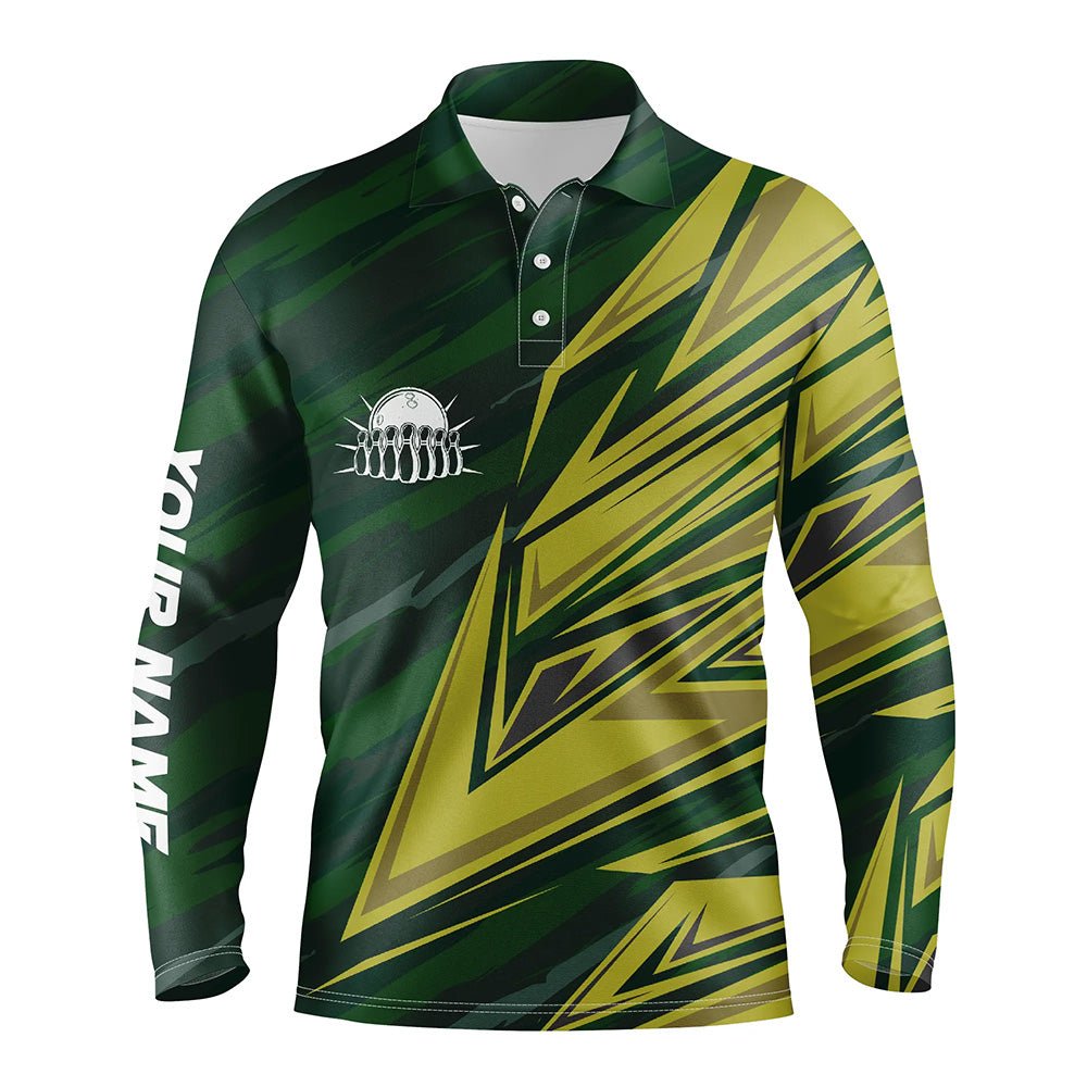 Herren Polo Bowling Shirt, individuell gestaltetes grün-gelbes Camouflage Bowling Team Trikot, Geschenk für Bowling-Team Bowlers Q6380 - Climcat