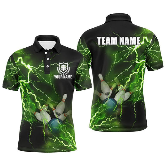 Herren Polo Bowling Shirt - Individuell gestaltetes grünes Blitz- und Donner-Bowling-Teamtrikot, Geschenk für Bowling-Teams Q6146 - Climcat