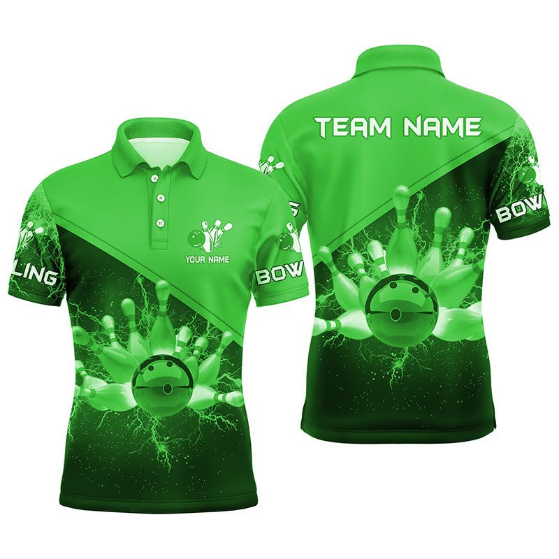 Herren Polo Bowling Shirt - Individuell gestaltetes grünes Blitz- und Donner-Bowling-Teamtrikot, Geschenk für Bowling-Teams Q6621 - Climcat
