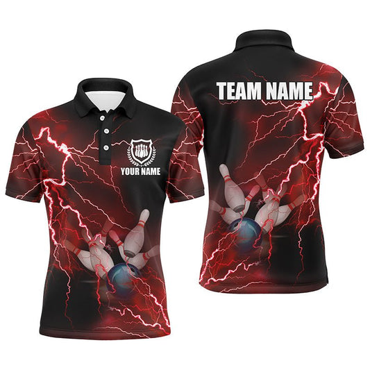 Herren Polo Bowling Shirt - Individuell gestaltetes rotes Blitz- und Donner-Bowling-Teamtrikot, Geschenk für Bowling-Teamspieler Q6145 - Climcat