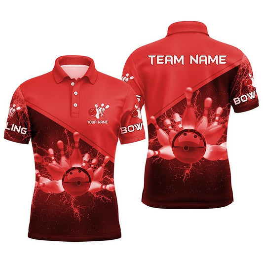 Herren Polo Bowling Shirt - Individuell gestaltetes rotes Blitz- und Donner-Bowling-Teamtrikot, Geschenk für Bowling-Teamspieler Q6622 - Climcat