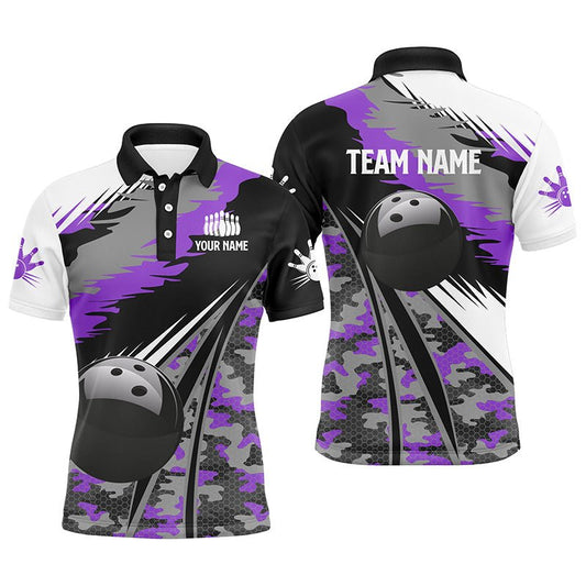 Herren Polo Bowling Shirt - Individuell gestaltetes schwarzes Bowling Team Trikot mit lila Camouflage Muster - Perfektes Geschenk für Bowler - Q6572 - Climcat