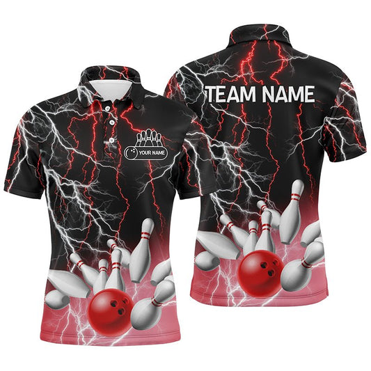 Herren Polo Bowling Shirt | Individuelles Bowling Shirt | Rotes Blitz- und Donner-Design | Team Liga Trikot Q6672 - Climcat