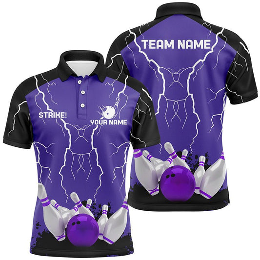 Herren Polo Bowling Shirt | Individuelles Bowling Strike Lightning Storm Thunder Team Liga Trikot | Lila Q6645 - Climcat