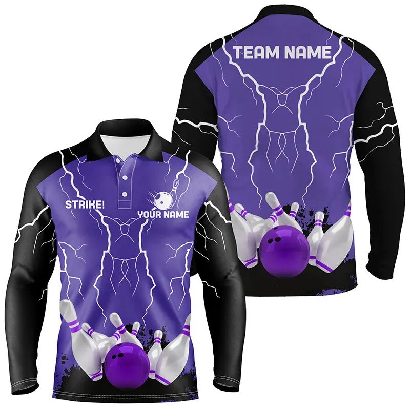 Herren Polo Bowling Shirt | Individuelles Bowling Strike Lightning Storm Thunder Team Liga Trikot | Lila Q6645 - Climcat